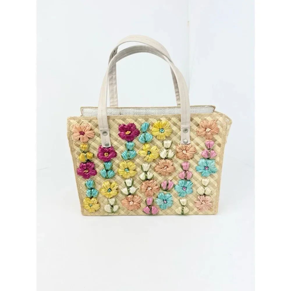 Vintage Woven Raffia Colorful Straw Flowers  Rectangular Shoulder Tote Bag